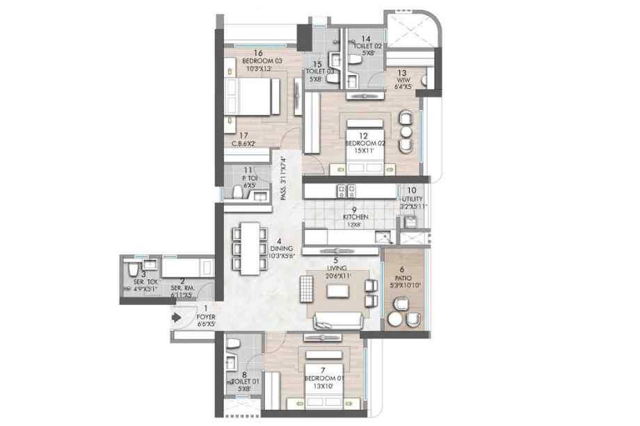 Rustomjee-verdant-vistas-Floor-Plan-3BHK-1264-sqft