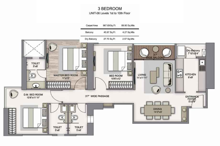 Piramal-Mahalaxmi-Floor-Plan-South-Tower-3-BHK-967-Sqft