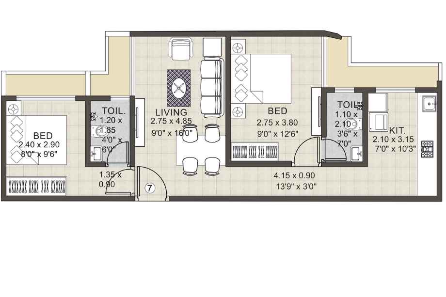 Urban-Heritage-Floor-Plan-2-BHK-537-sqft