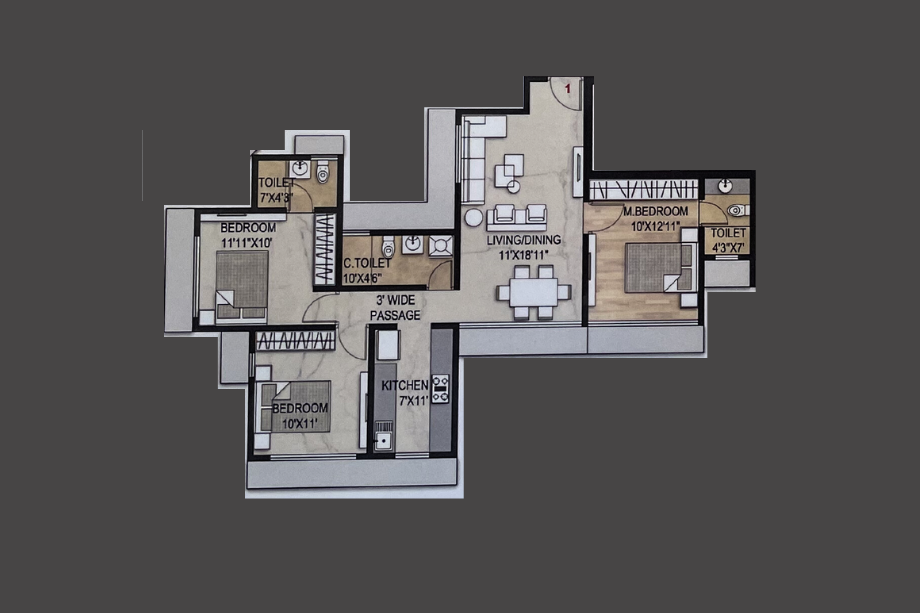 Proviso-Maplewoods-Floor-Plan-Tower-D-3-BHK-834-Sqft