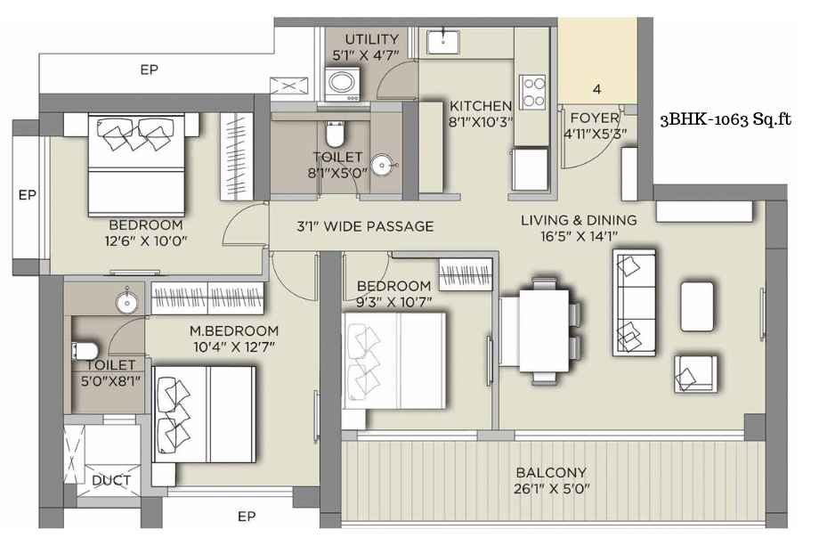 Anaya-Crystal-Antara-Floor-Plan-3BHK-1063sqft