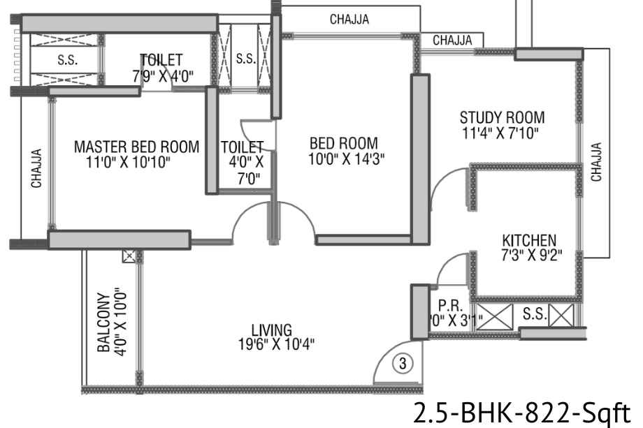 Gundecha-Rexon-Floor-Plan-A-Wing-2.5-BHK-822-Sqft