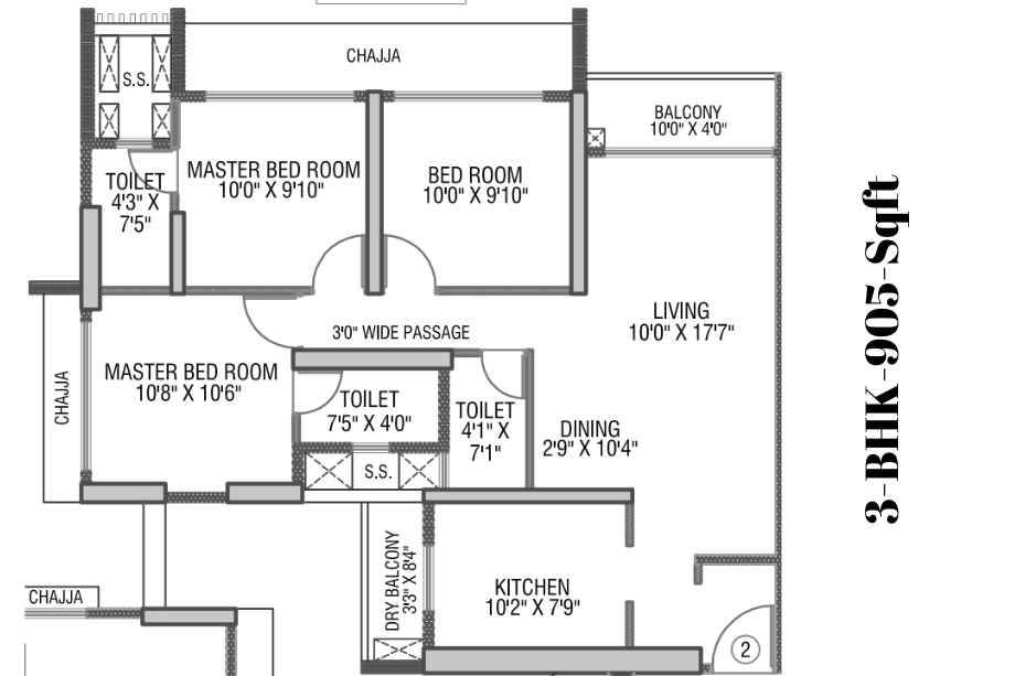 Gundecha-Rexon-Floor-Plan-A-Wing-3-BHK-905-Sqft