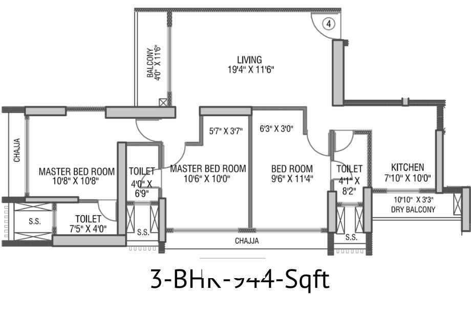 Gundecha-Rexon-Floor-Plan-A-Wing-3-BHK-944-Sqft