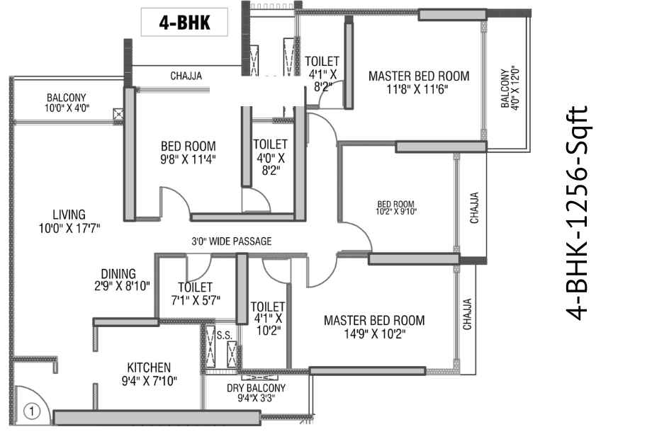 Gundecha-Rexon-Floor-Plan-A-Wing-4-BHK-1256-Sqft