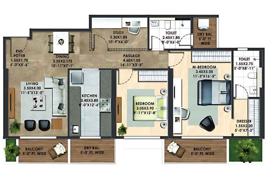 Adani-Atelier-greens-Floor-Plan-Tower-A3-3-BHK-1037-sqft