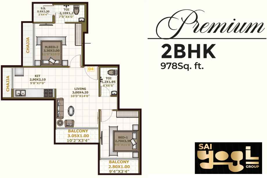 Sai-Residency-Floor-Plan-2-BHK-978-Sqft