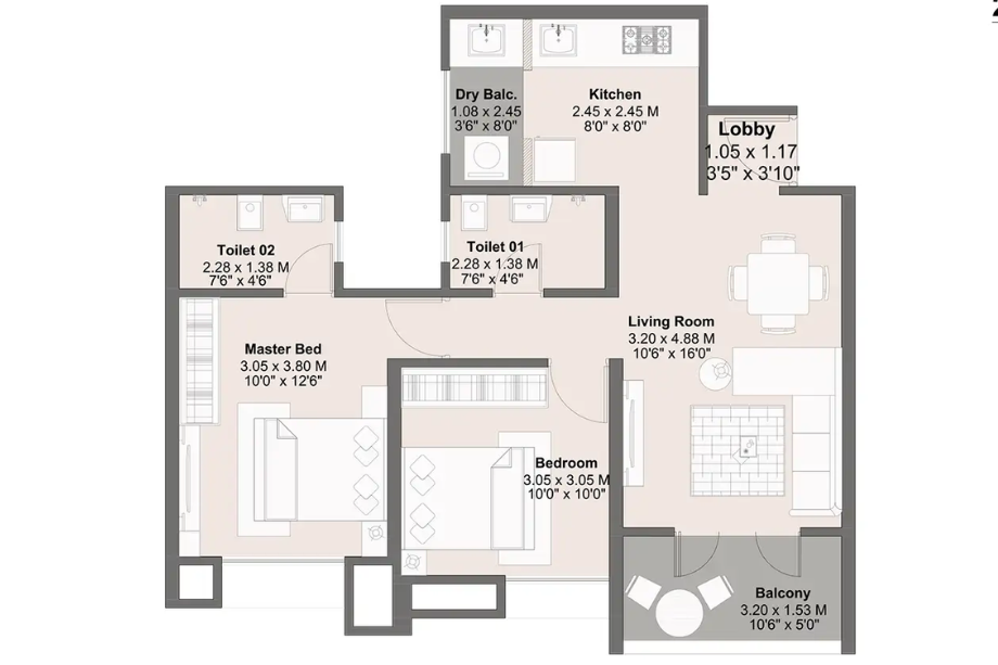 Kohinoor-Riverdale-Floor-Plan-2-BHK-Premium-Tower-A-697-Sqft