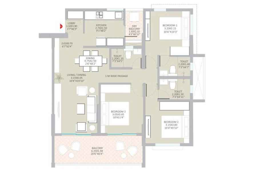 SpringShire-Blossom-Floor-Plan-3-BHK-1028-Sqft