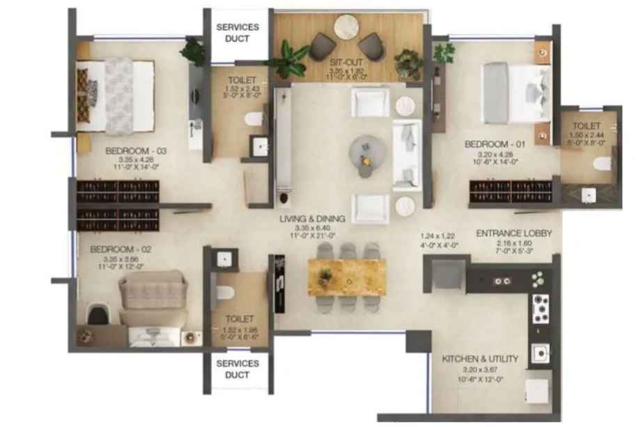 Majestique-The-Ornate-Floor-Plan-3-BHK-1140-Sqft