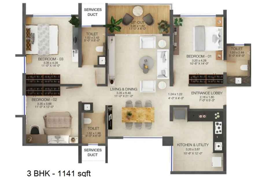 Majestique-The-Ornate-Floor-Plan-3-BHK-1141-Sqft