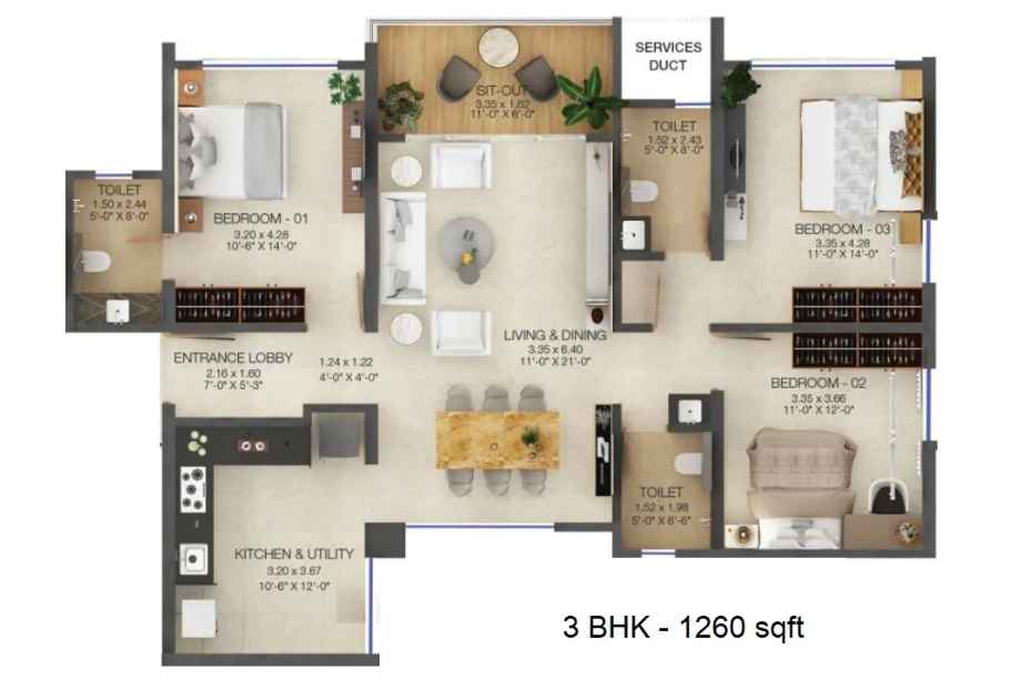 Majestique-The-Ornate-Floor-Plan-3-BHK-1260-Sqft