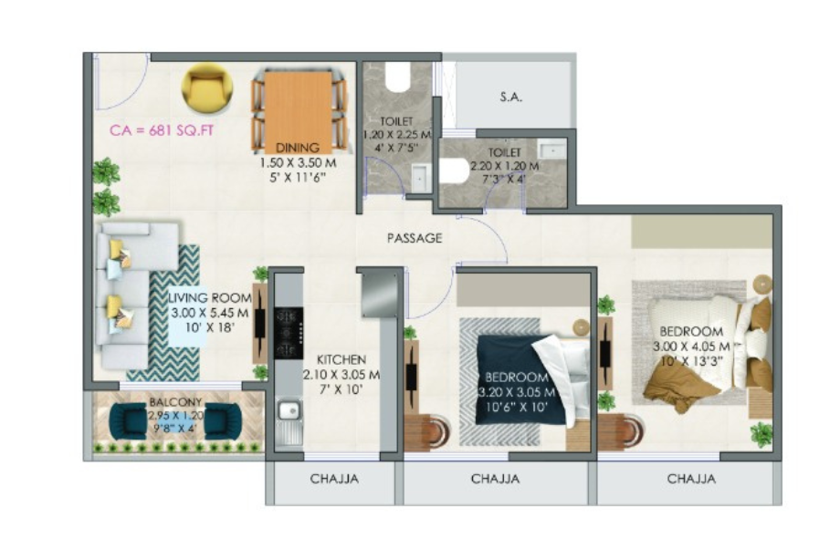 Tulsi-sahyadri-Floor-plan-2-BHK-681-Sqft