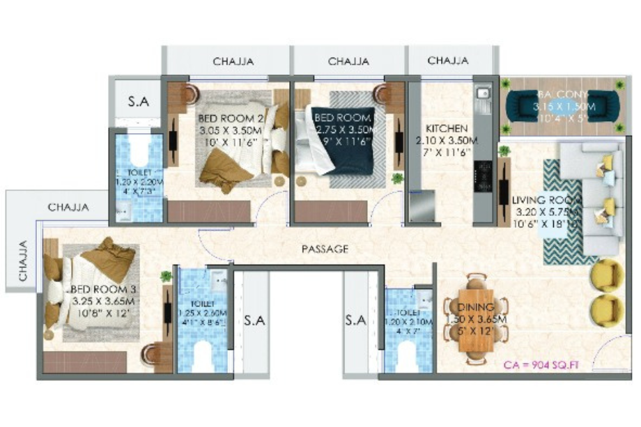 Tulsi-sahyadri-Floor-plan-3-BHK-904-Sqft