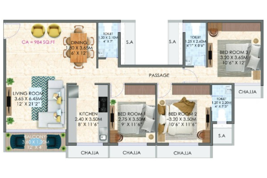 Tulsi-sahyadri-Floor-plan-3-BHK-984-Sqft