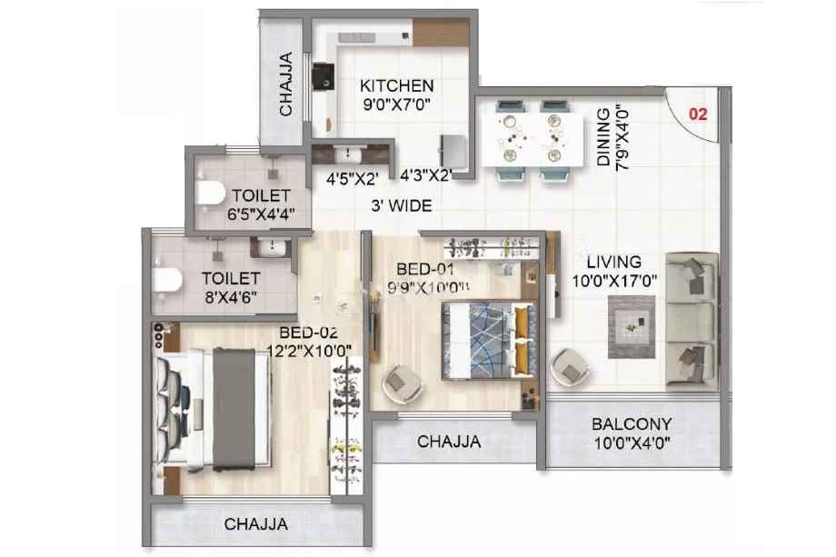 Balaji-Skyline-Floor-Plan-2-BHK-676-Sqft