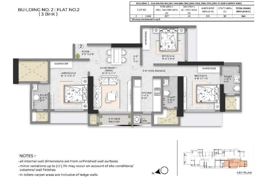 Squarefeet-Debonair-Classic-Floor-Plan-3-BHK-964-Sqft