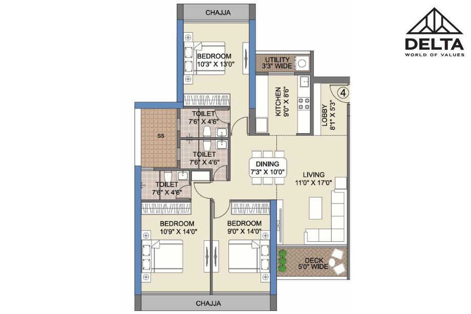 Delta-Celestria-New-Palm-Beach-Floor-Plan-3-BHK-1066-Sqft