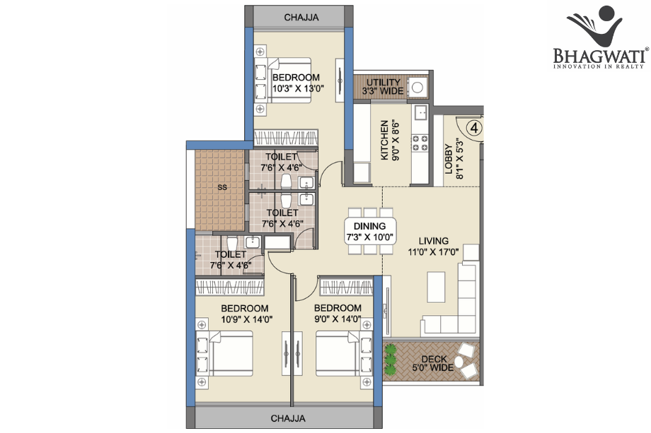 Bhagwati-Celestria-New-Palm-Beach-Floor-Plan-3-BHK-1066-Sqft