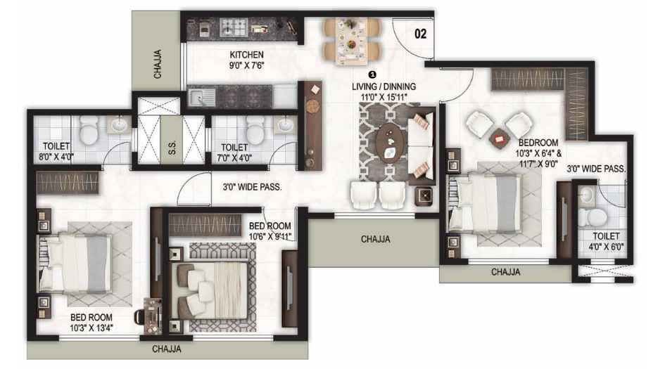 Darshan-Aura-Floor-Plan-Jodi-Unit-Plan-3-BHK-823-Sqft