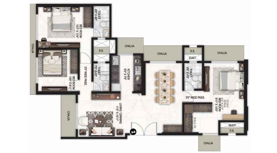 Darshan-Aura-Floor-Plan-Jodi-Unit-Plan-3-BHK-1044-Sqft