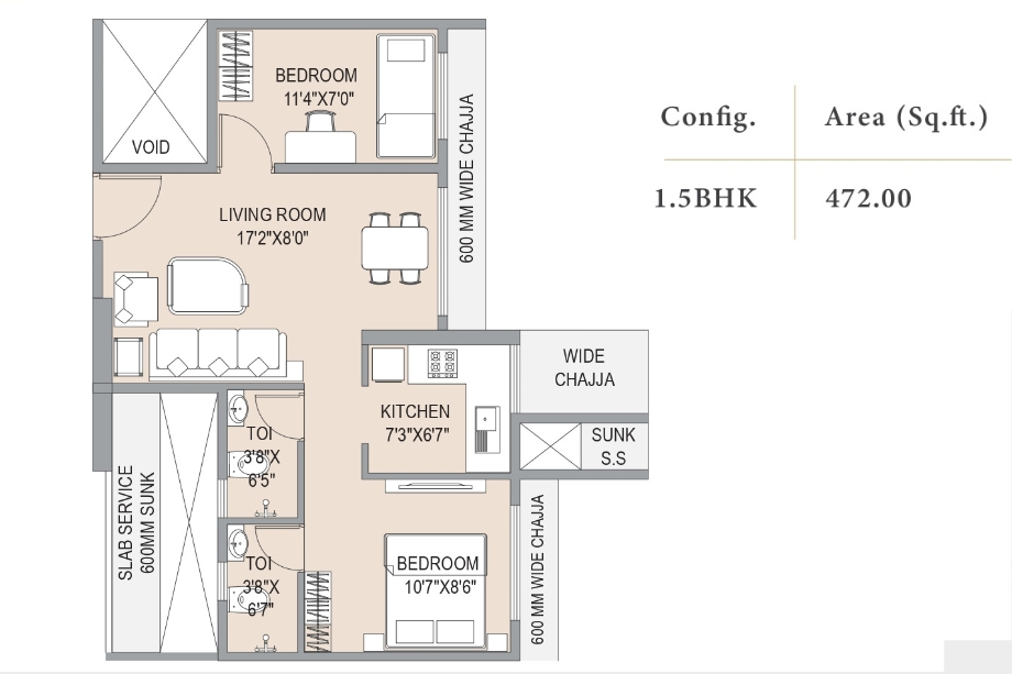 Southfield-Gravity-Floor-Plan-1.5-BHK-472-Sqft