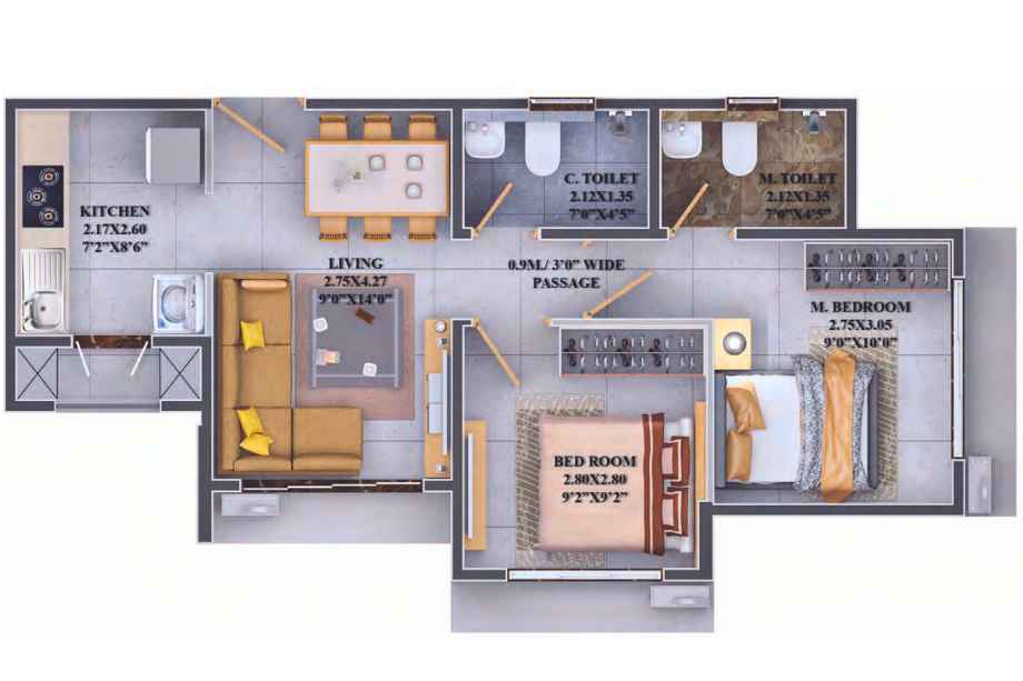 Dosti-Greenscapes-Floor-Plan-2 BHK - 479 Sqft