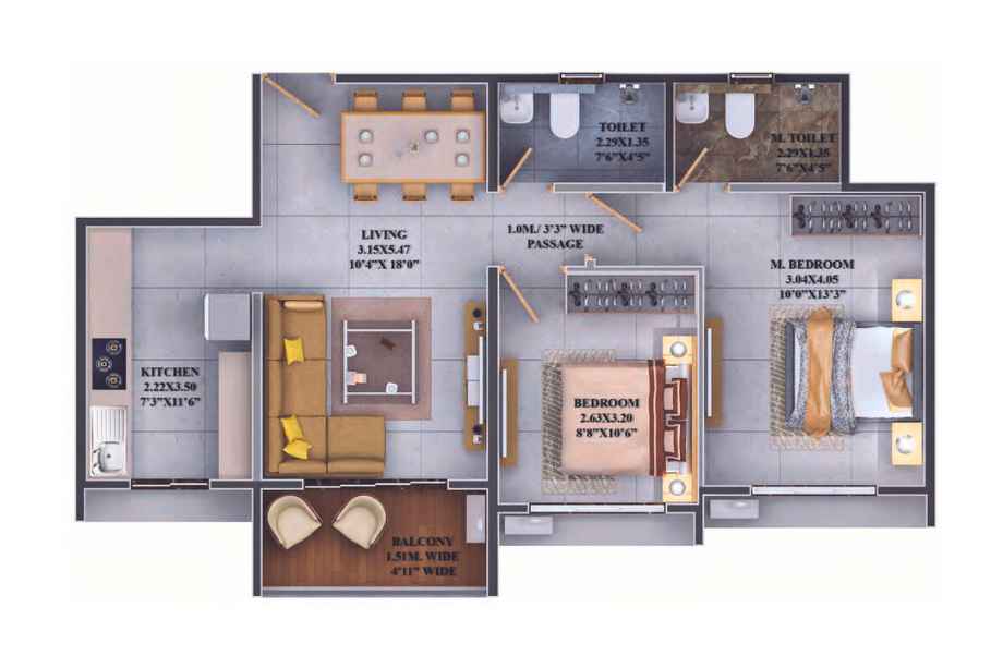 Dosti-Greenscapes-Floor-Plan-2 BHK - 682 Sqft