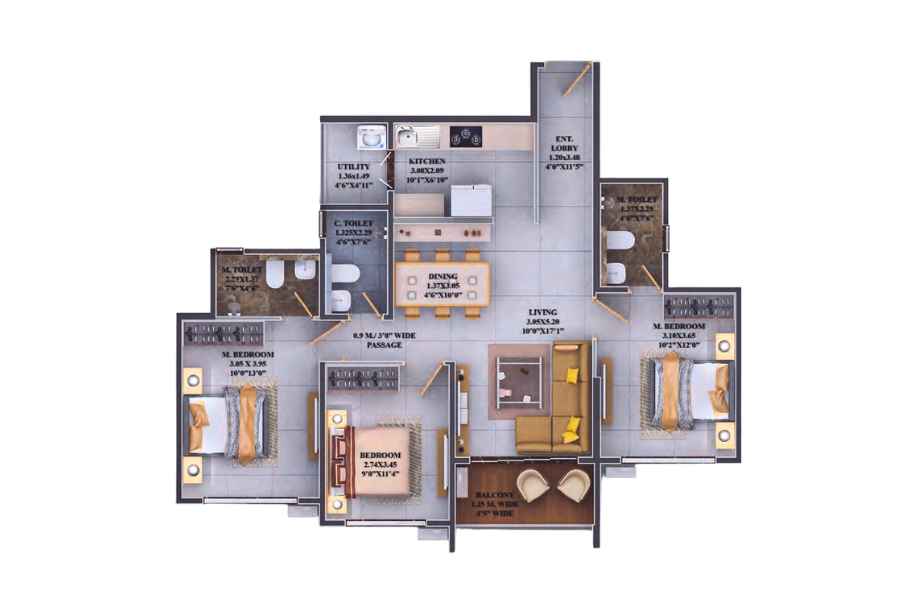 Dosti-Greenscapes-Floor-Plan-3 BHK - 924 Sqft