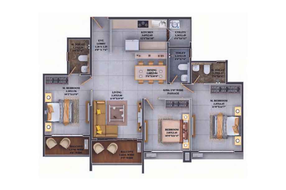 Dosti-Greenscapes-Floor-Plan-3 BHK - 1082 Sqft