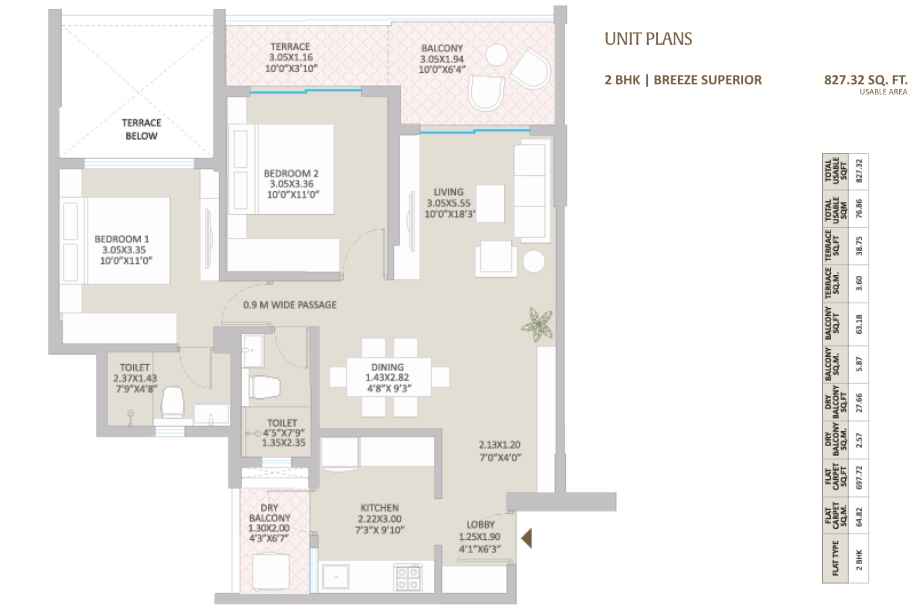 Kolte-Patil-Springshire-Floor-Plan-2-BHK-827-Sqft