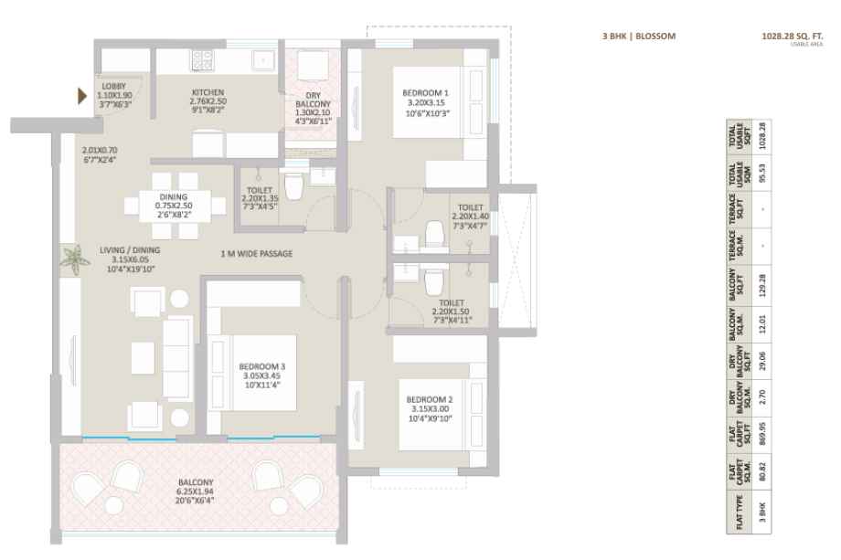 Kolte-Patil-Springshire-Floor-Plan-3-BHK-1028-Sqft