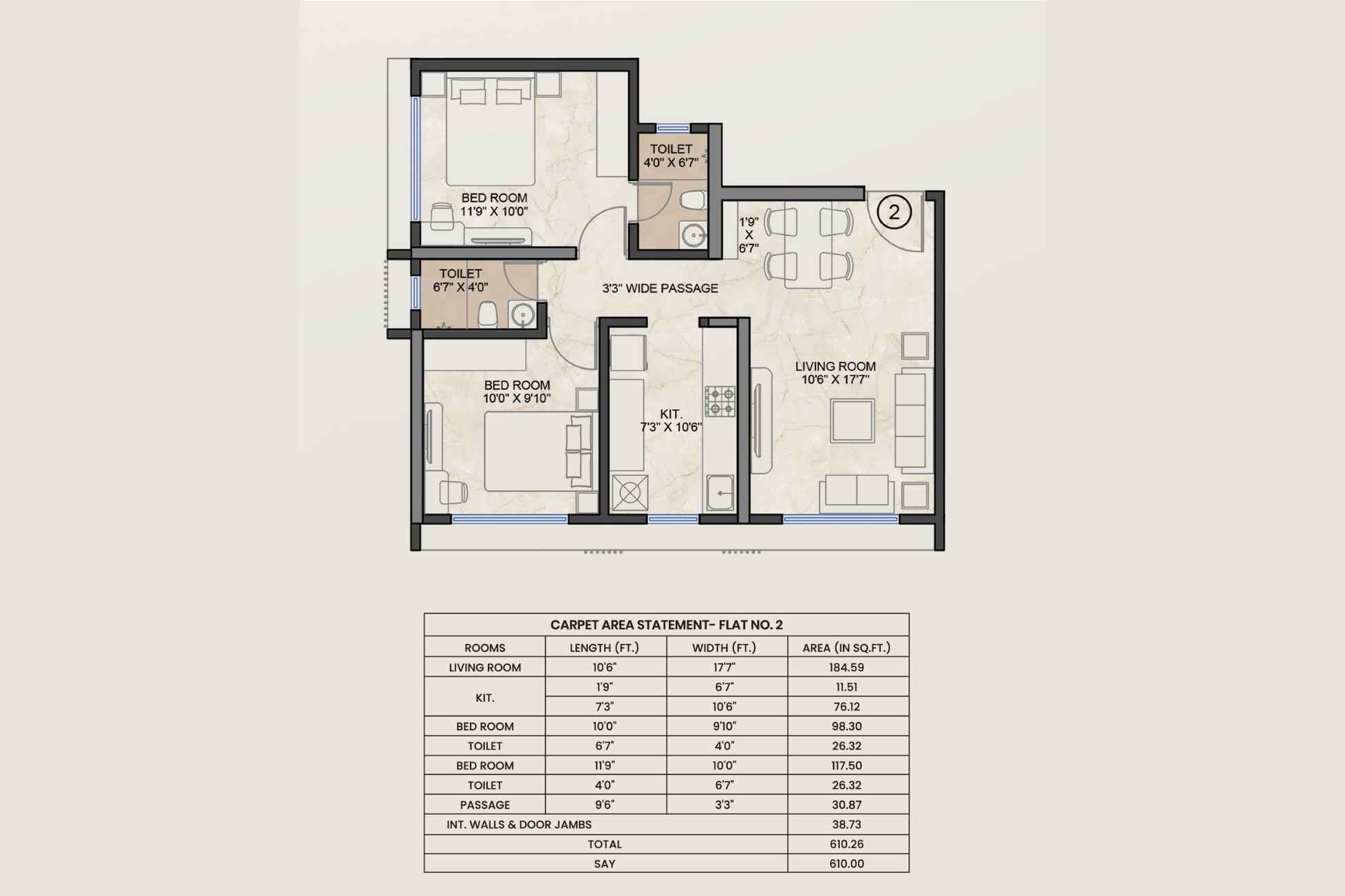 Platinum Crest-Unit-Plan-610-Sqft-2-BHK