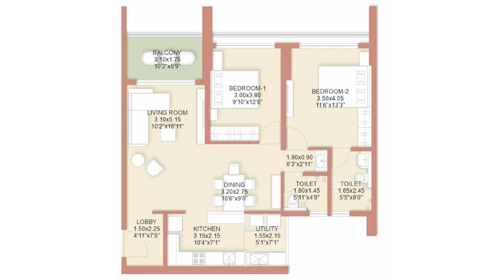 Rohan-Ekam-Floor-Plan-2-BHK