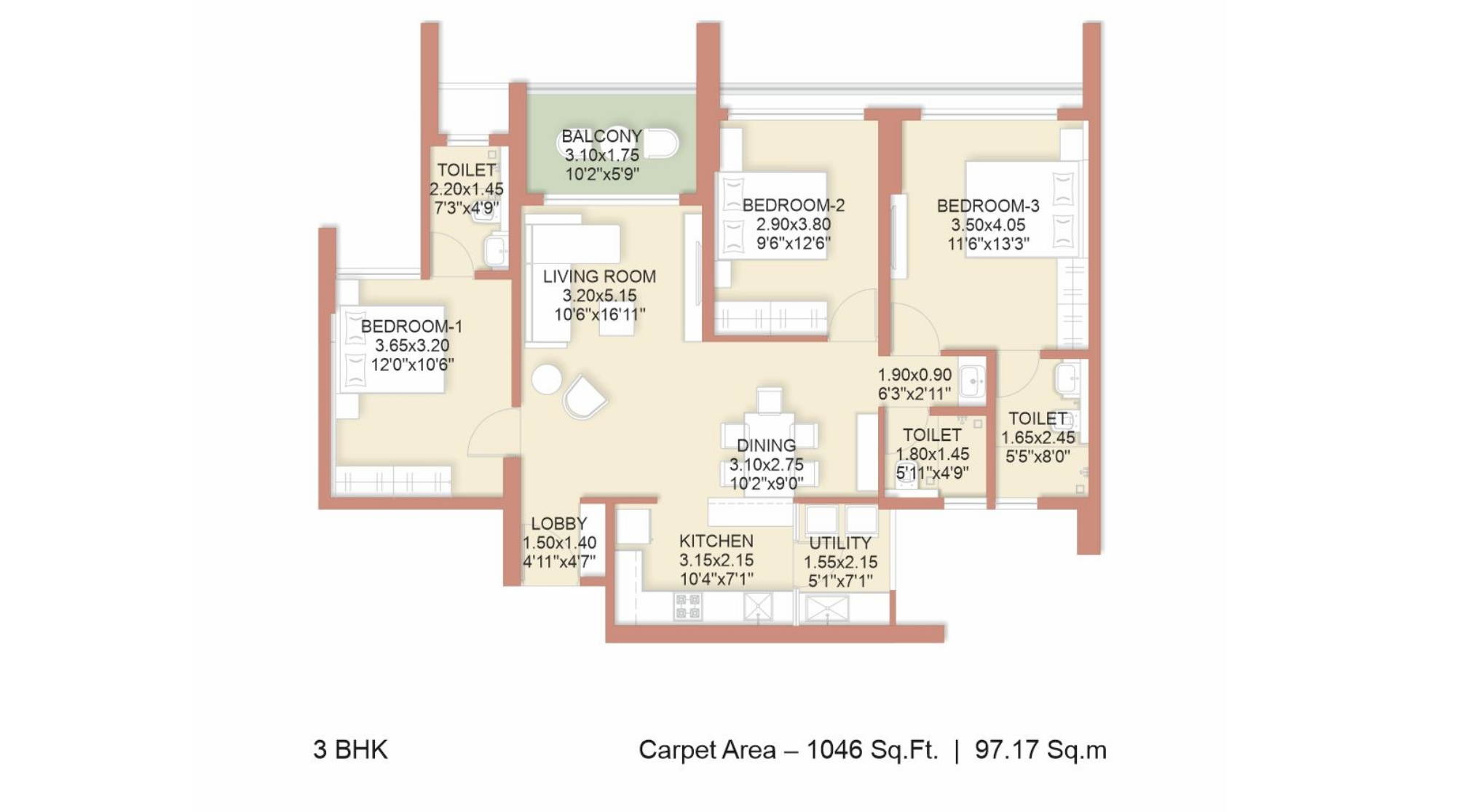 Rohan-Ekam-Floor-Plan-3-BHK