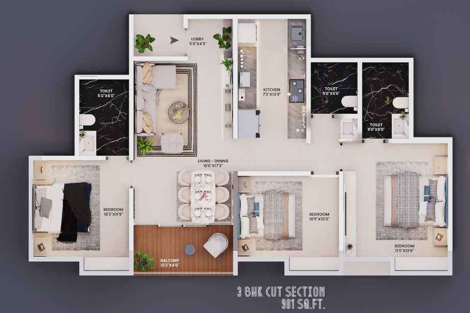 Evana-Homes-Floor-Plan-3-BHK-981-Sqft