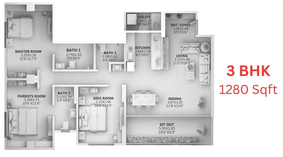Ganga-Aracdia-Floor-Plan-3 BHK-1280Sqft