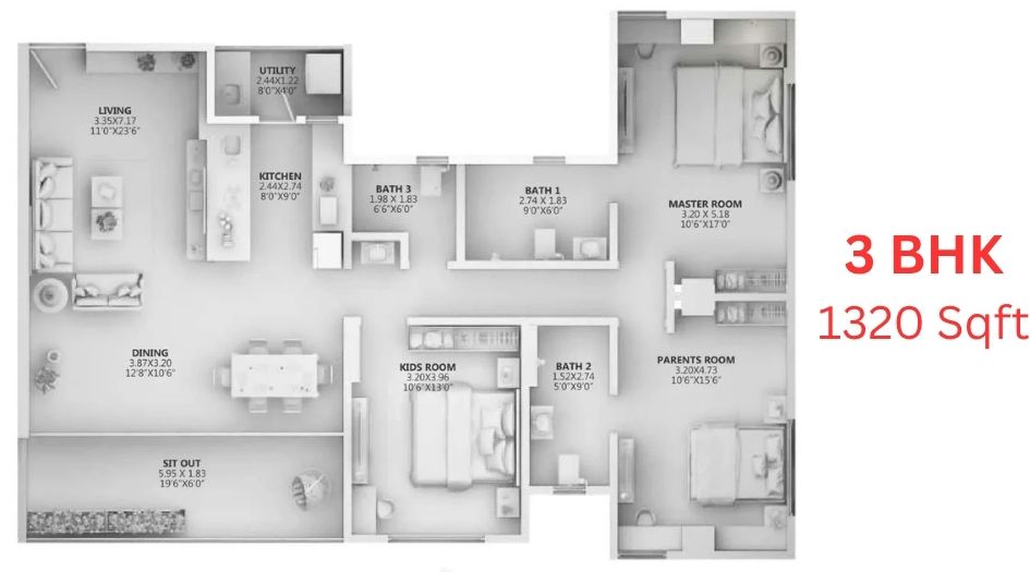Ganga-Aracdia-Floor-Plan-3 BHK-1320 Sqft