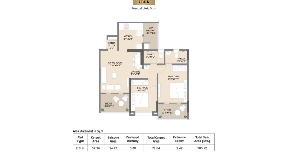 Hermosa-casa-Floor-plan-2 BHK-784 Sqft