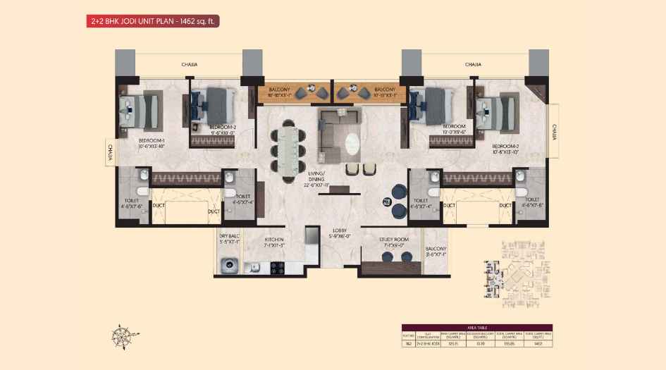 Inspira-Aura-2+2-BHK-Jodi-Unit-Plan-1462-Sq.ft