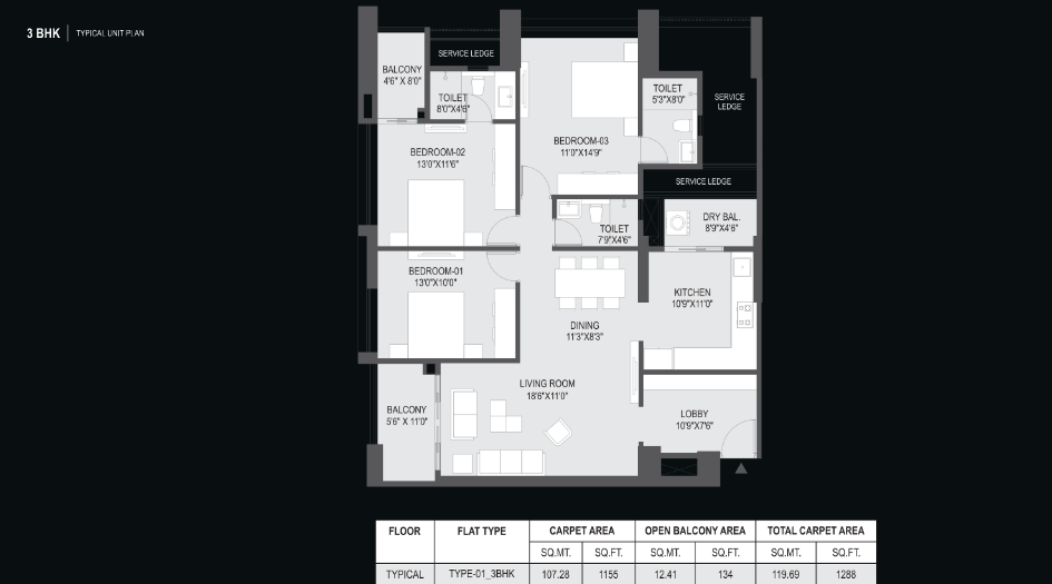 Crown-Eight-Floor-Plan-3-BHK-1156-Sqft