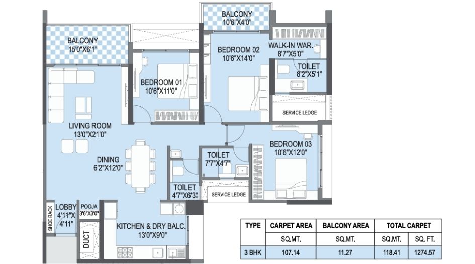 Yashada-EarthSong-FLoor-Plan-3 BHK-1275 Sqft