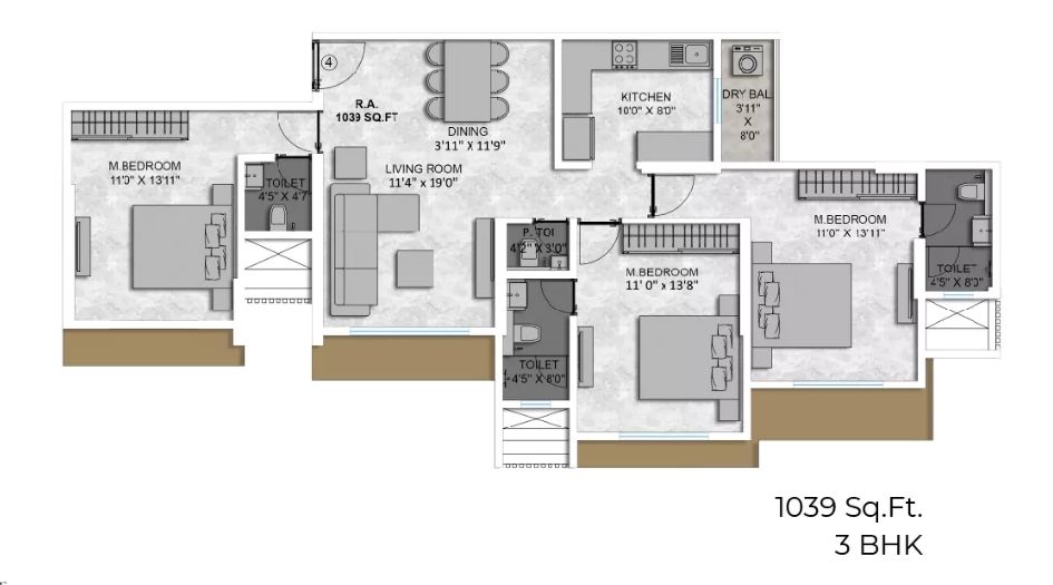 Goyal-Malad-Sai-Darshan-Floor-Plan-3 BHK- 1039 Sqft