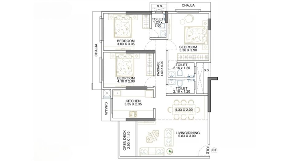 Majestic-Casa-Bella-Gallery-3BHK-990sqft-Unit-Plan
