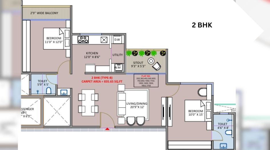 Greenest-Riviera-Vista-Floor-Plan-2 BHK-835 SQFT