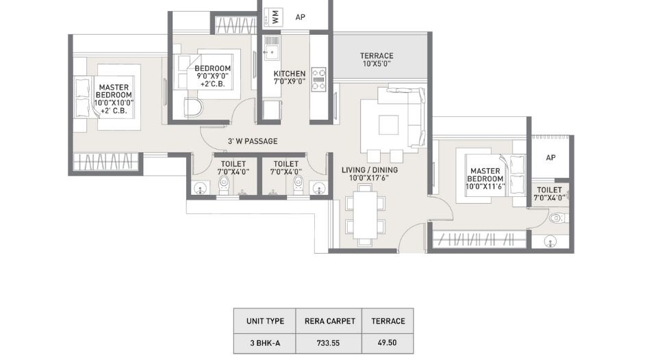 Raunak-Earth-Park-Floor-Plan-3 BHK- 733 Sqft