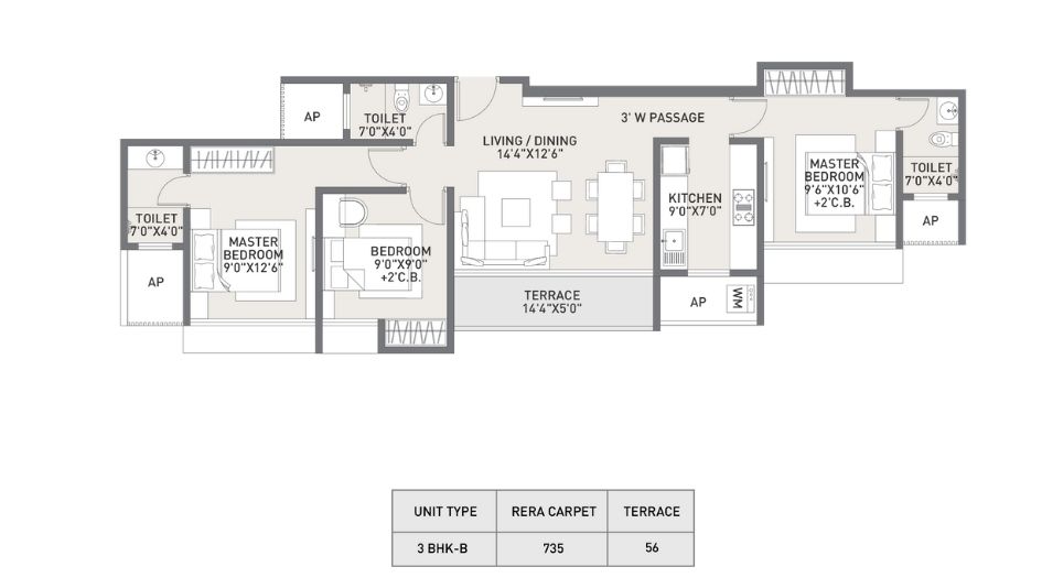 Raunak-Earth-Park-Floor-Plan-3 BHK- 735 Sqft