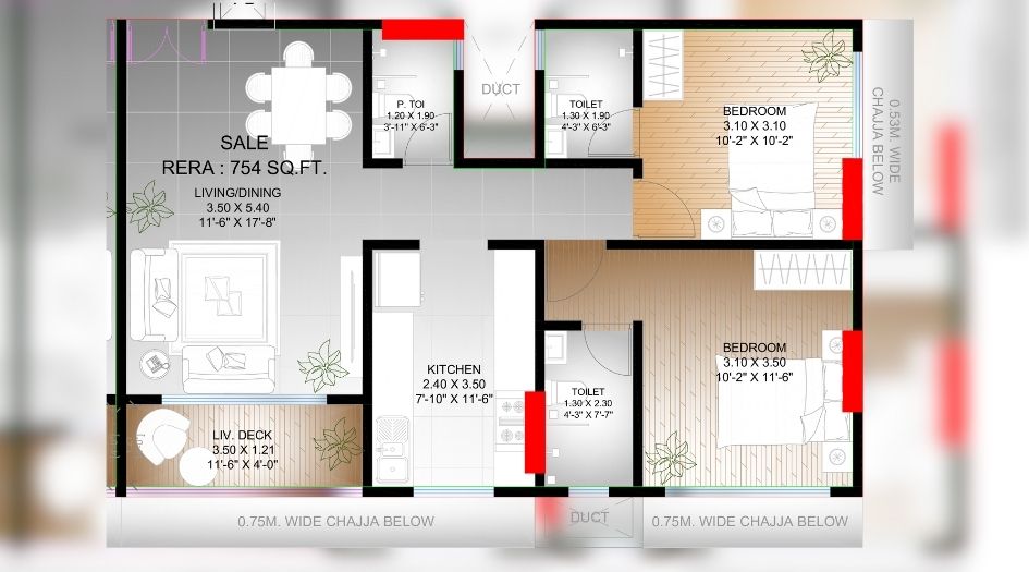Vaswani-Utsahi-FLoor-Plan-2 BHK-754 Sqft