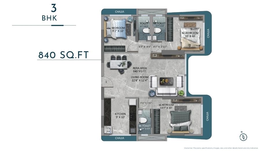 Goyal-Atlantis-Floor-Plan-3 BHK-840 Sqft