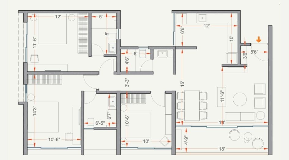 Kumar-Parth-Towers-Floor-Plan- 3 BHK- 1090 Sqft